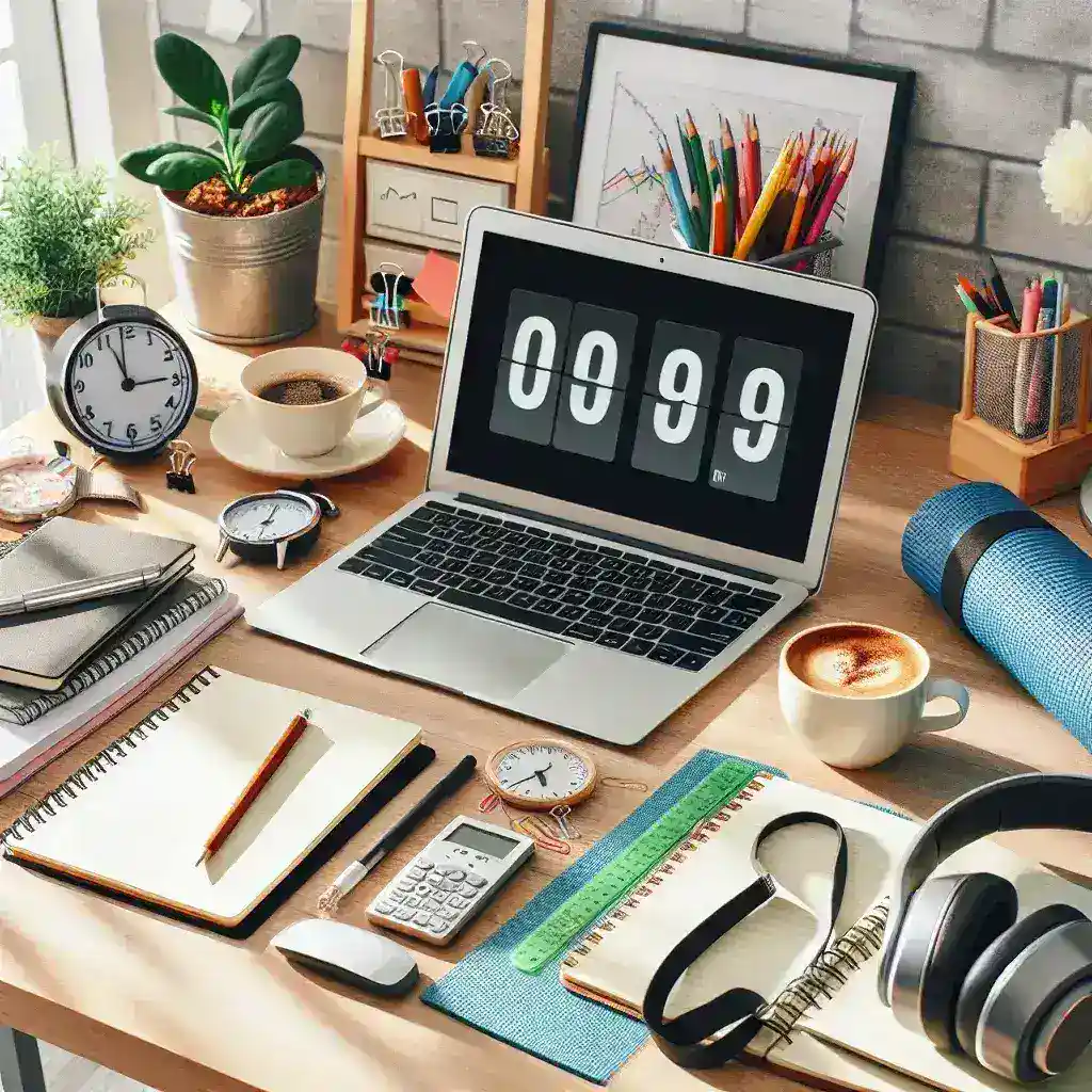 "Workspace with essential tools for improving focus and concentration: a clean desk, noise-canceling headphones, a productivity planner, and a potted plant."